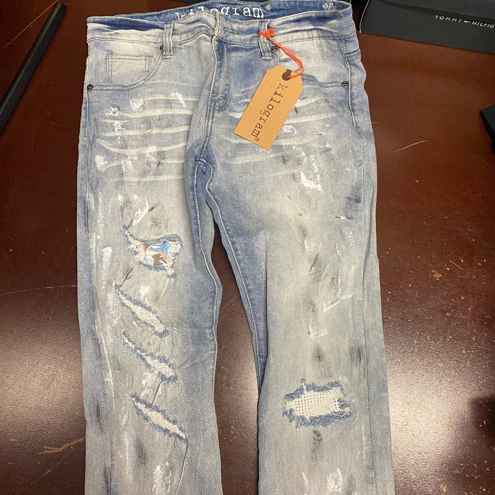 Kilogram Mens Blue Pockets Distressed Straight Leg Denim Jeans Size 36